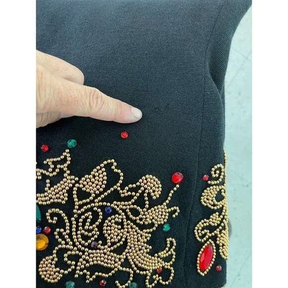 Diane Freis Vintage Womens Sweater Jacket Size M L Black Beaded Jeweled Wool